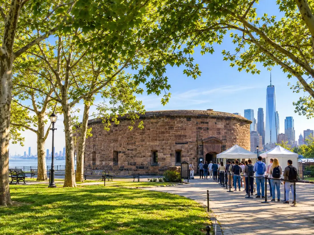 Early morning in The Battery: a round sandstone fort, white security tents and a short queue under trees