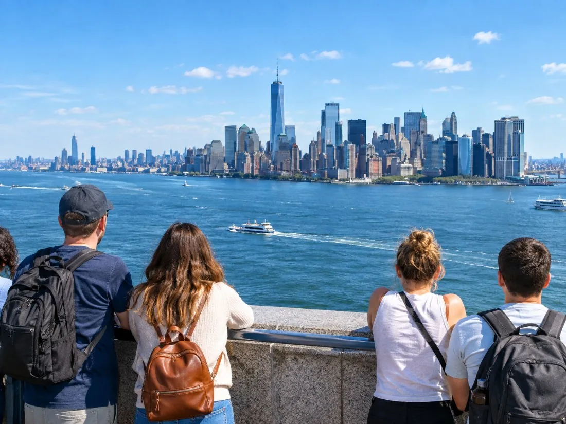 Visitors at the stone railing of the pedestal observation balcony, with the harbor and skyline below