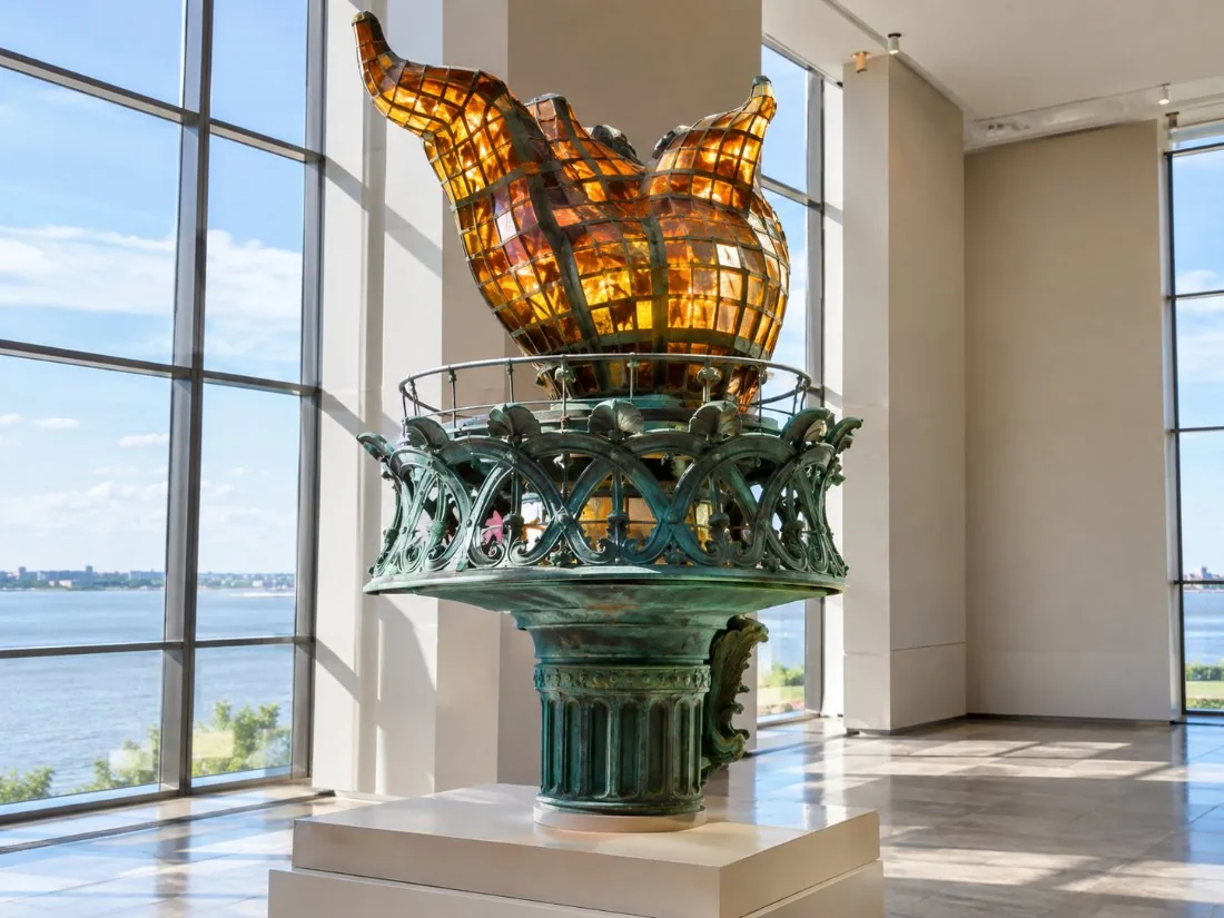 The original copper and glass torch of the statue displayed on a plinth inside a bright museum gallery